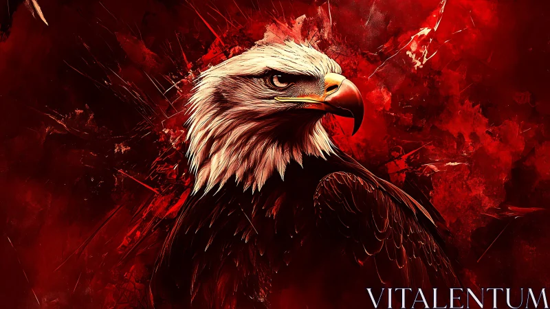 Fierce bald eagle portrait over blazing red abstract storm.