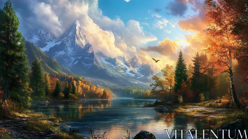 Snowcapped mountain valley with luminous autumn forest reflections.