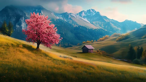 Blossom sentinel and cabin dreaming under alpine crowns.