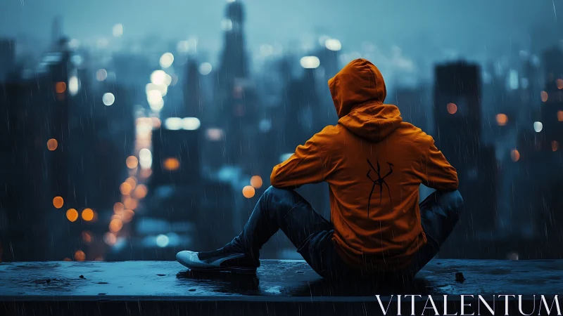 Hooded figure studies neon city skyline in cinematic rain scene