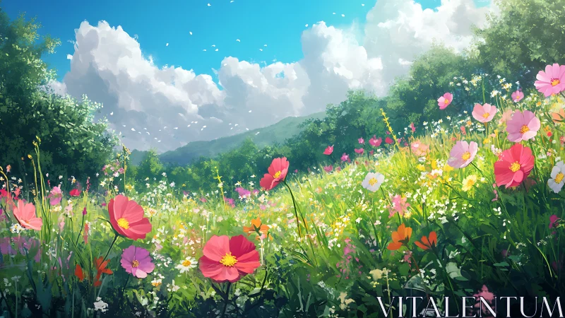 Wildflower meadow stretches under bright summer clouds