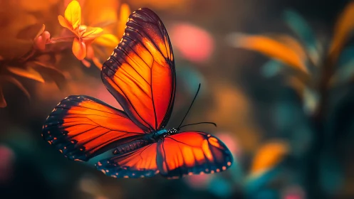 Orange butterfly hovers near flowers against blurred foliage
