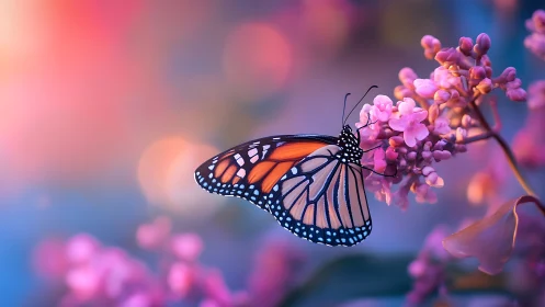 Monarch butterfly rests on lilac blooms in pastel bokeh