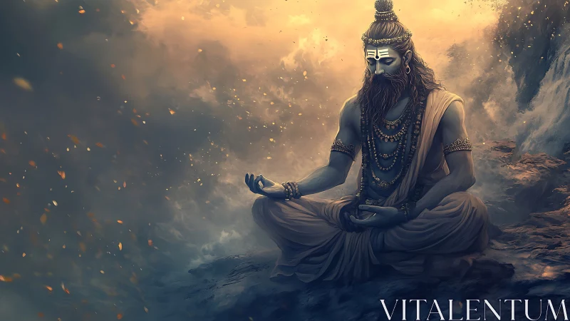 Meditating ascetic amid ethereal storm-lit divine aura.
