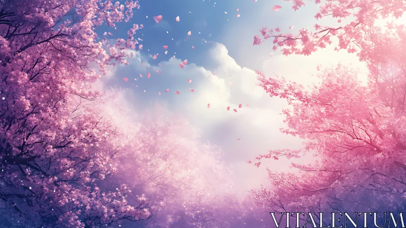 Digital cherry blossom canopy with scattered petals overhead.