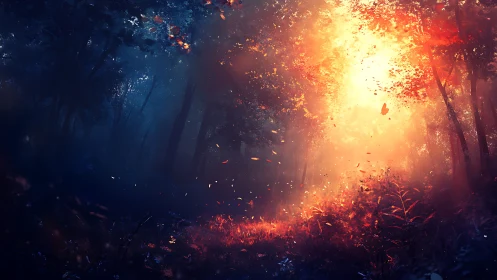 Enchanted Forest Dawn: Golden Light Breaking Through Blue Darkness.