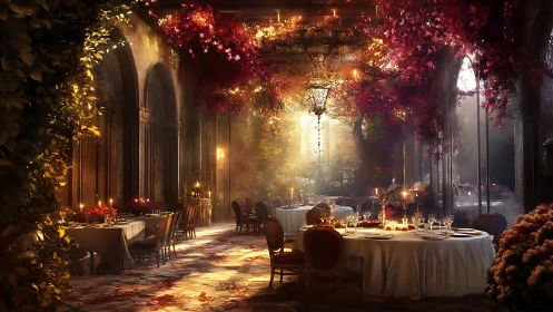 Formal dining hall with floral ceiling and candlelit tables.