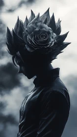 Side profile of stylized figure with rose in spiked hair.