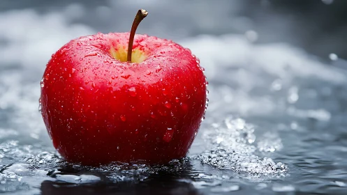 Red apple macro on reflective water with crisp droplets.