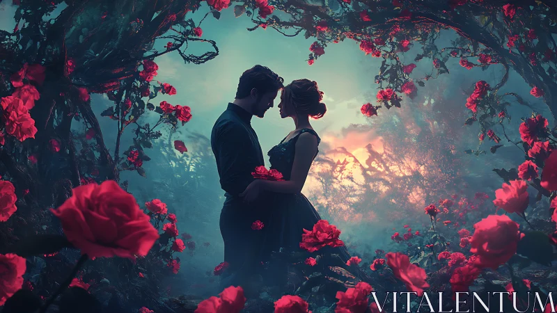 Couple Embracing Among Crimson Roses at Sunset.