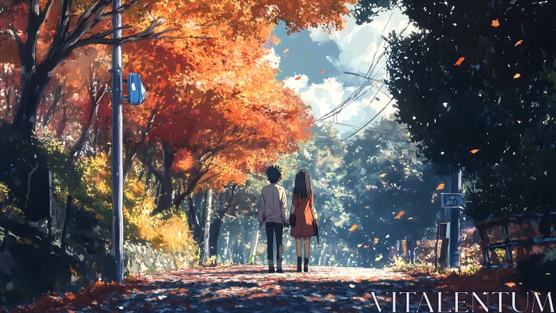 Autumn walkway holds two quiet hearts beneath ember leaves.