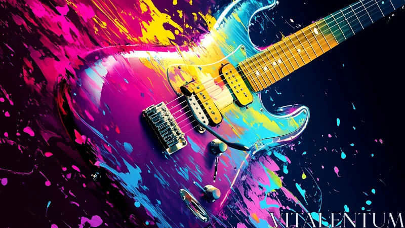 Electric rainbow guitar drenched in wild paint splashes.
