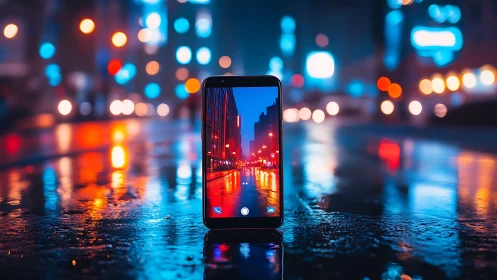 Smartphone reflects neon city lights on wet night street