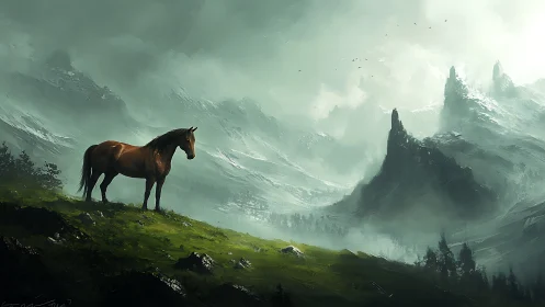 Digital painting of solitary horse on misted alpine ridge.