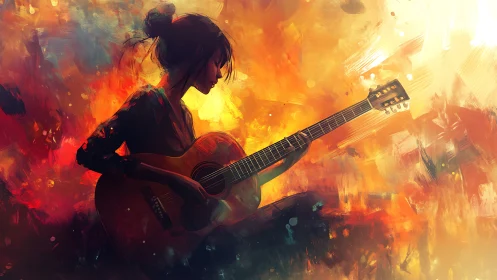 Guitarist resting in glowing sunset colors and gentle calm.
