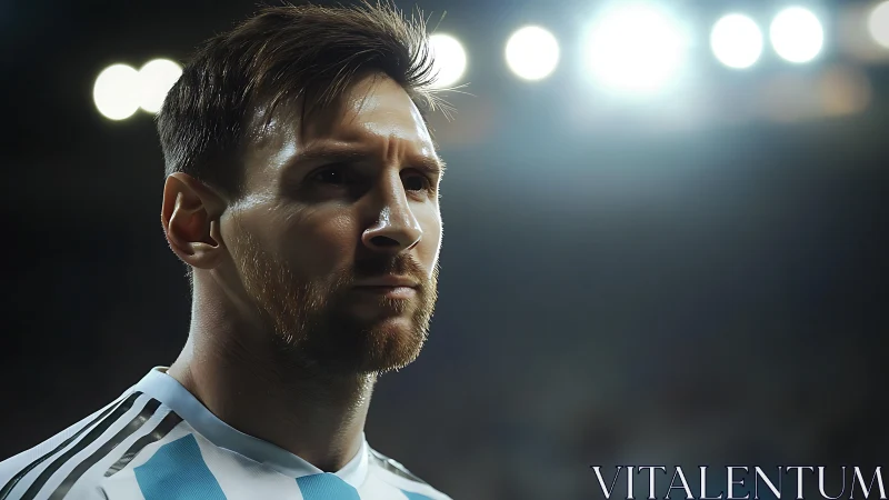 Male football player in striped jersey under stadium lights.