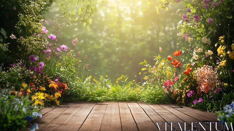 Garden Deck with Flowering Plants and Sunlit Path