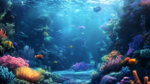 Shimmering coral reef welcomes colorful fish in gentle light