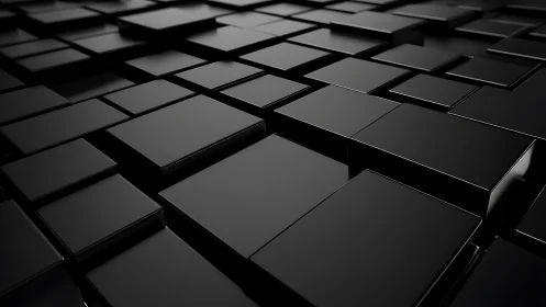 Black 3D rectangular tiles form reflective staggered surface