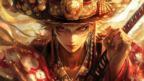 Fiery eyed warrior in ornate gold and red samurai armor