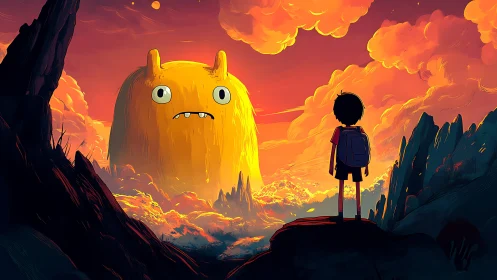 Silhouetted child observes large yellow creature at sunset