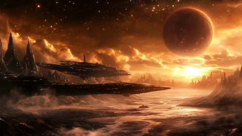 Stellar armada above molten alien coastline at golden dusk.