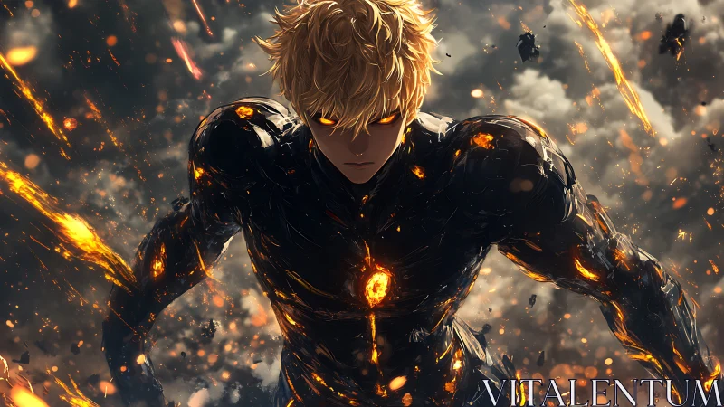 Armored humanoid advances through fragmented, burning debris