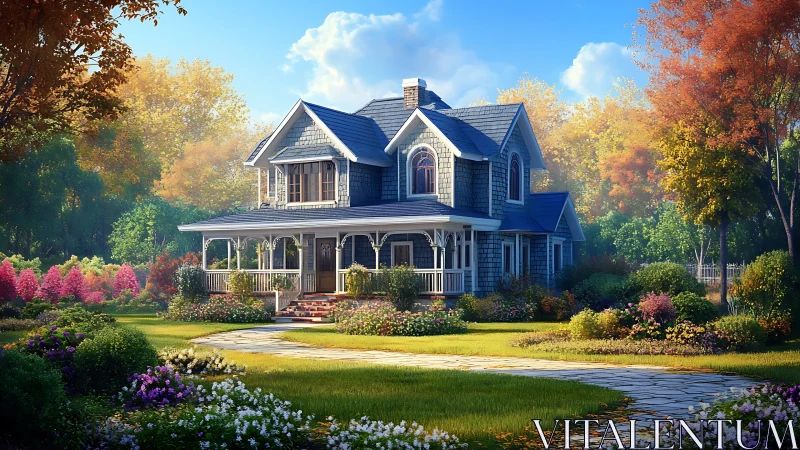 Victorian cottage with manicured landscape under clear sky.