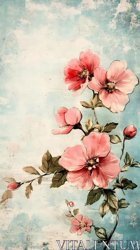 Watercolor floral study on distressed sky-grounded field.