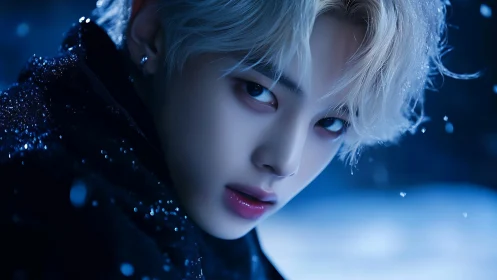 Nocturnal close-up portrait in blue-tinted digital chiaroscuro.