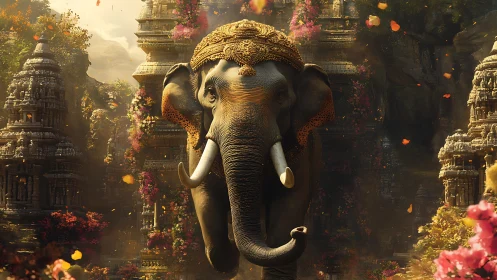 Regally adorned elephant advances through ornate temple corridor