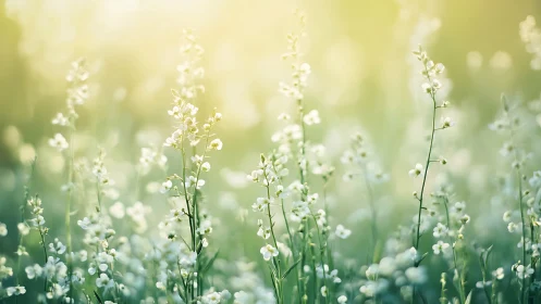 Delicate wildflower meadow in soft golden backlight field.