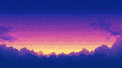 Pixel sunset horizon with layered violet mountain silhouettes.