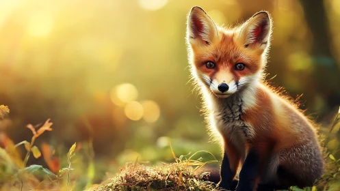 Sunlit woodland foxlet pausing in a golden hush of dawn.