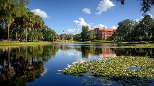 Red brick campus building reflected in tree-lined lake.
