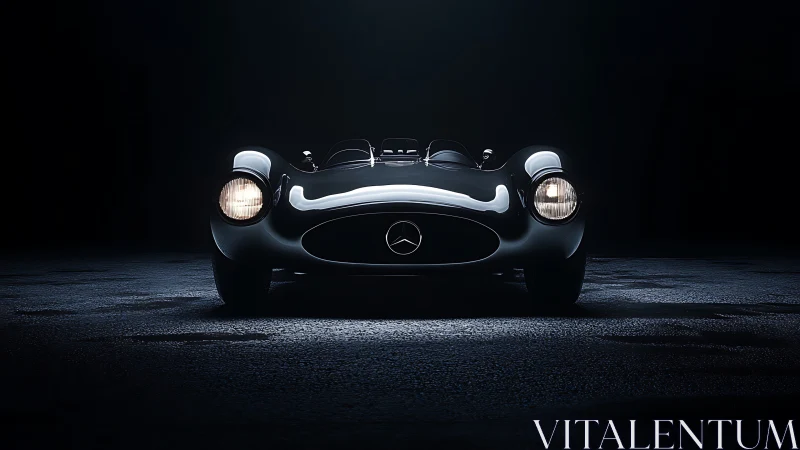 Classic Mercedes roadster front view in dramatic low light.