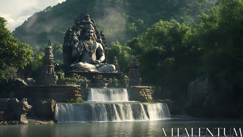 Monumental riverfall deity shrine in misted jungle basin.