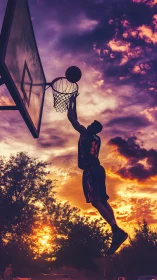 Silhouetted outdoor basketball dunk against vivid sunset sky