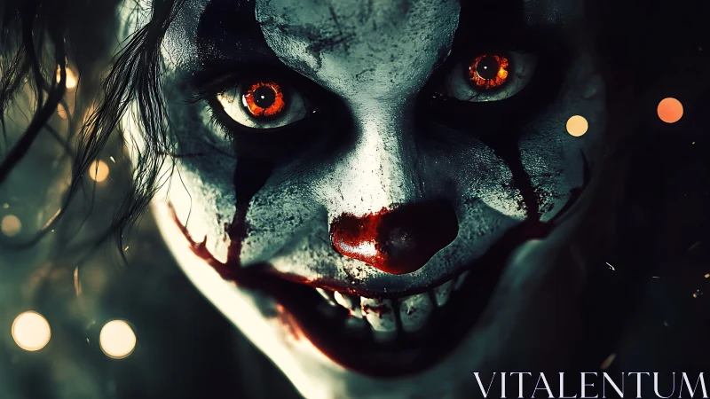 Close-up portrait of sinister clown face in darkness.