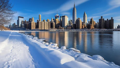 Snowbound urban riverfront framing high-rise winter skyline.