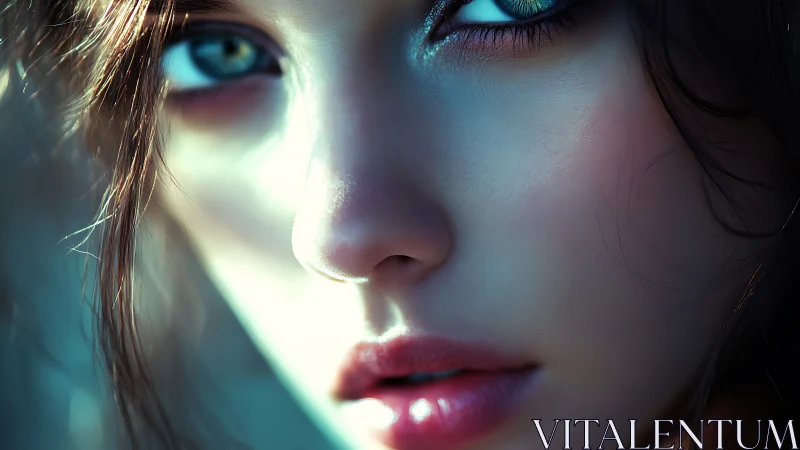 Hyperreal close-up of young woman’s face in cool light.