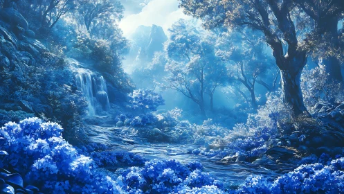 Digital forest landscape with waterfall and blue flowering vegetation