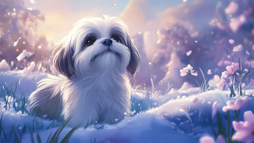 Small white dog in luminous snowy meadow at pastel dawn