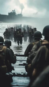 World War II soldiers advance from landing craft under fire