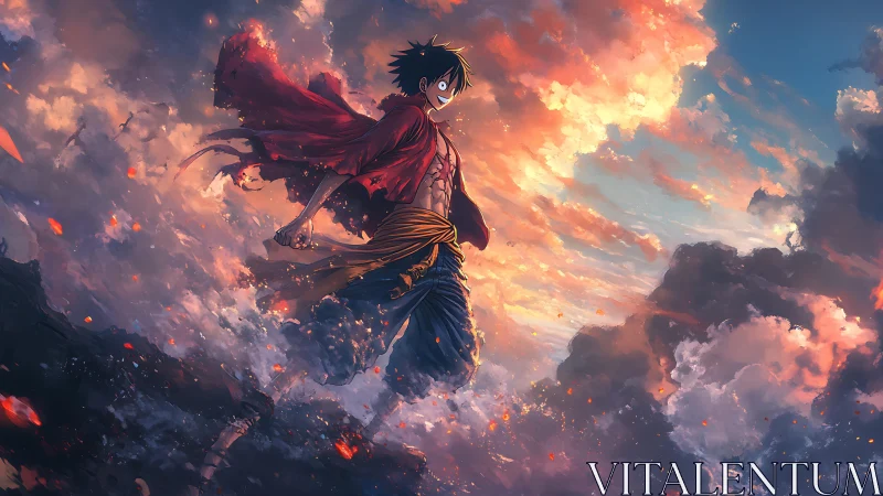 Sunlit sky wanderer striding through glowing storm clouds.