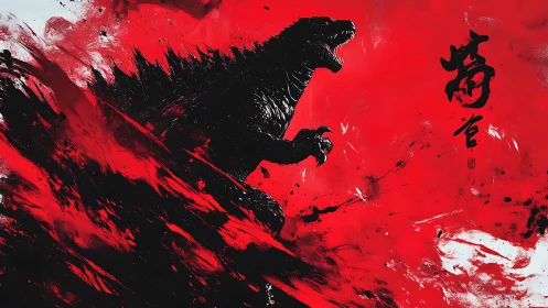 Scarlet storm rises around roaring kaiju silhouette.