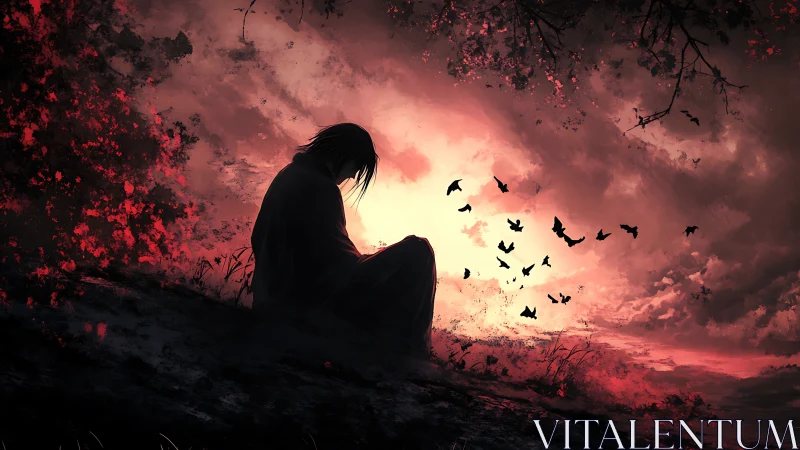 Silhouetted figure sits on hillside under red storm sky