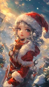Wind-swept anime santa girl in luminous winter environment.