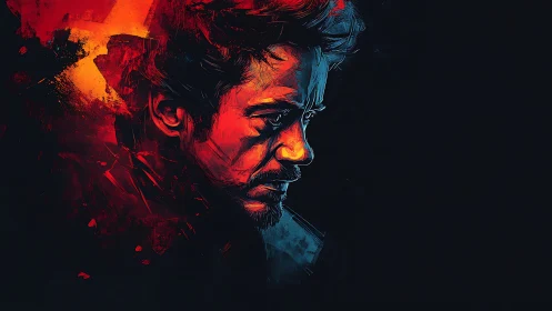 Brooding male portrait glows in red and blue neon shadows