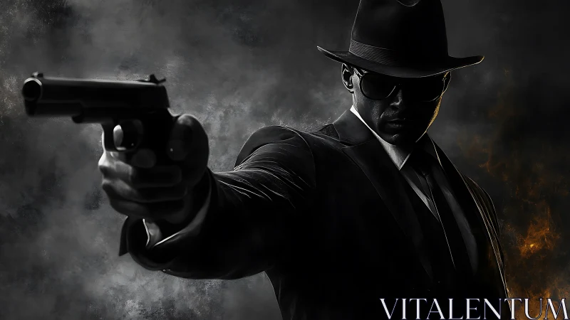 Shadowy noir gunman steps forward in a bold dramatic pose